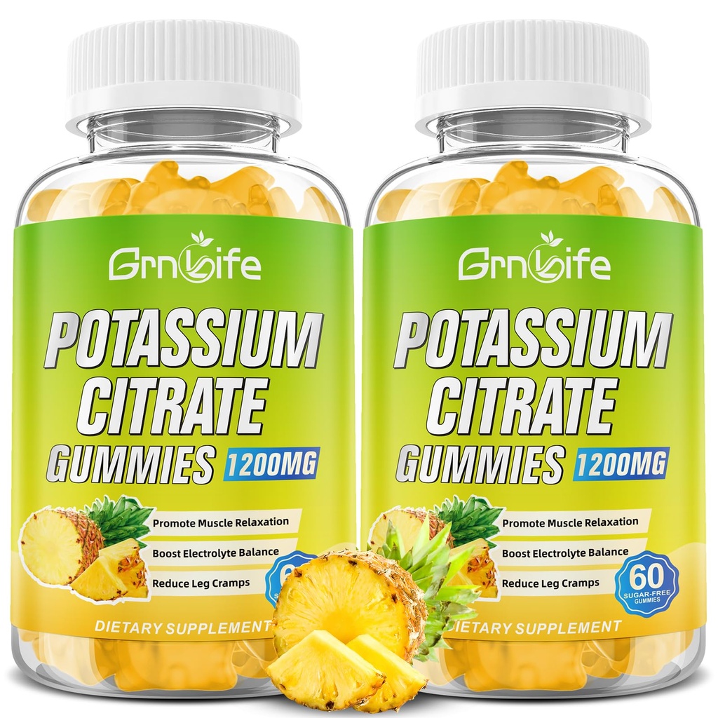 Kalium Citrate Gummies, High Kalium Supplement Gummies 1200mg Support Leg Cramp & Muscle Health, for voksne & børn, Vegan, Ananas Arv 120 Tæl