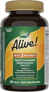 Naturen er i live! Max3 Potency Voksen Complete Multivitamin, High Potency B- Vitaminer til støtte energi Metabolisme *, med Methylerede B12 og Folate, Ingen Tilføjet jern, 180 tabletter