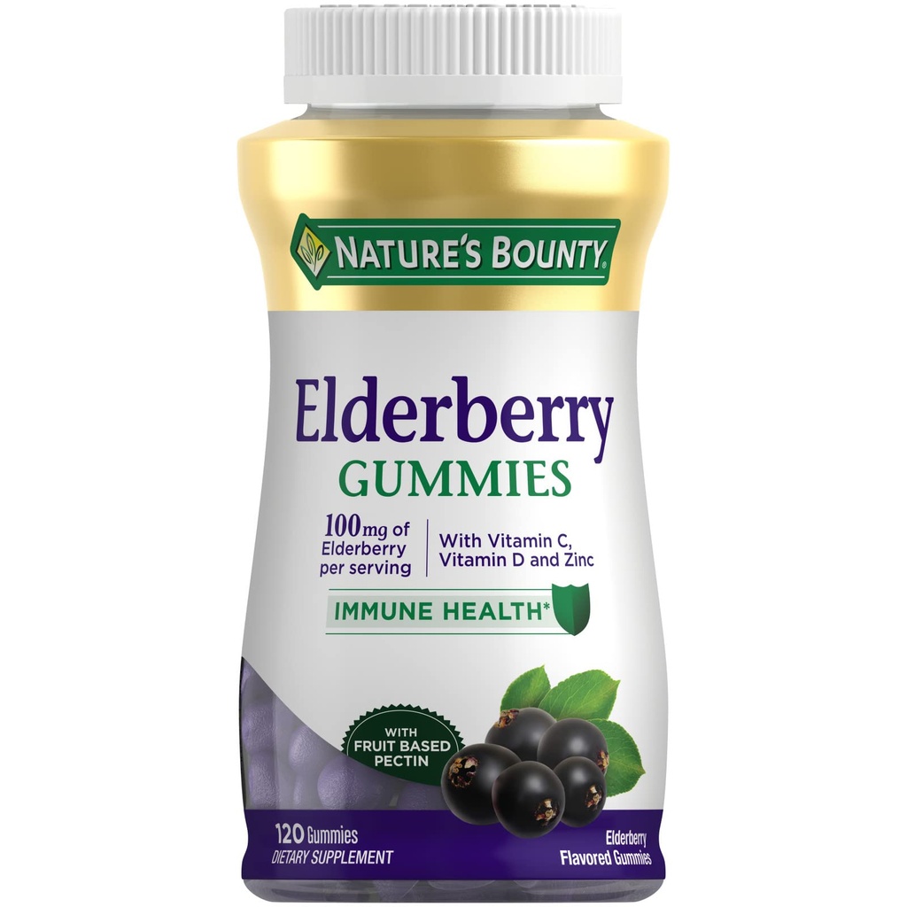 Nature 's Bounty Elderberry Gummies, Kosttilskud, Understøtter immunsundhed, Indeholder vitamin A, C, D, E og zink, 100 mg, 120 Gummies