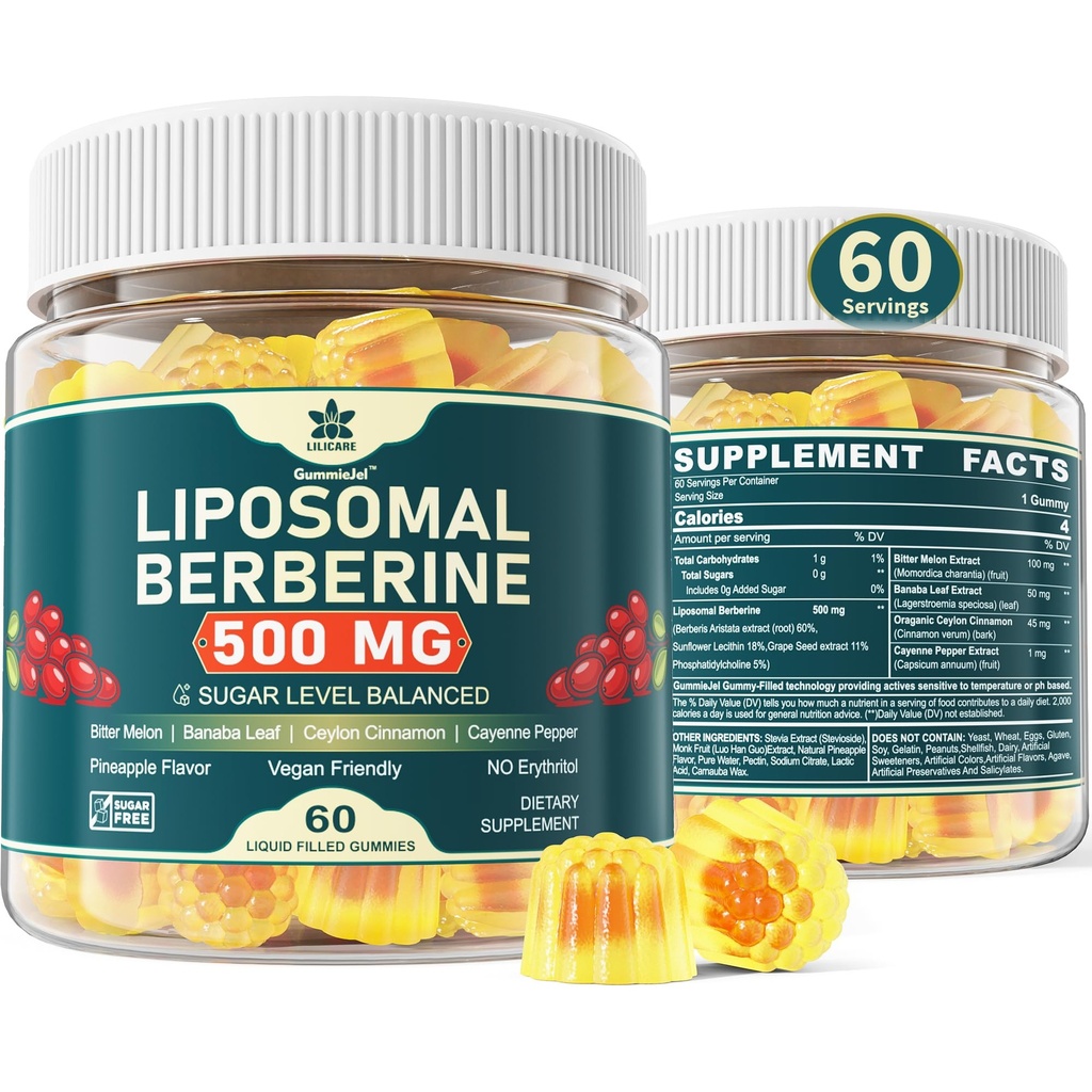 Berberine 500 mg tillæg, En gang daglig, Liposomal Gummies med Ceylon kanel, Bitter Melon, Banaba Leaf for Metabolisme Balanceret, AMPK Activator, High Absorption, Sugar Free, Vegan, 60 Cts