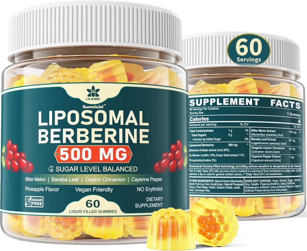 Berberine 500 mg tillæg, En gang daglig, Liposomal Gummies med Ceylon kanel, Bitter Melon, Banaba Leaf for Metabolisme Balanceret, AMPK Activator, High Absorption, Sugar Free, Vegan, 60 Cts