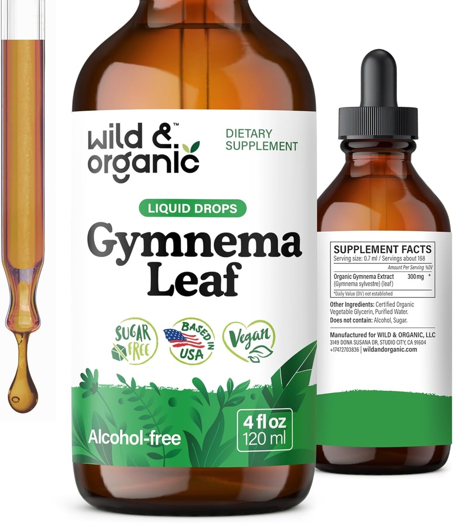 Wild & Organic Gymnema Sylvestre Extract Drops - Sugar- Free Gymnema Sylvestre Kosttilskud - Gurmar Powder Based Tincture - Vegan, Alkohol- Free Leaf Liquid Drops - 4 fl oz