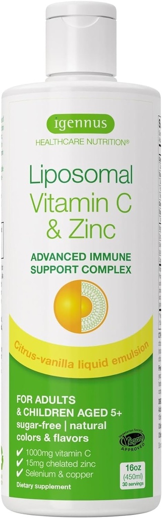 High Absorption Liposomal Vitamin C 1000mg & Zink Bisglycinate, 30- 90 Servering, Liquid immunsupport til voksne & børn 5 +, Non- GMO, Sugar- Free, Citrus & Vanilla Flavor, af Igennus