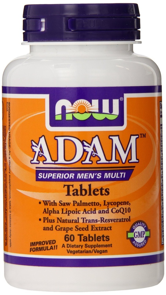 Now Foods Supplements, ADAM ™ Mænds Multivitamin med Saw Palmetto, Lycopene, Alpha Lipoic Acid og CoQ10, Plus Natural Resveratrol & Grape Seed Extract, 60 tabletter