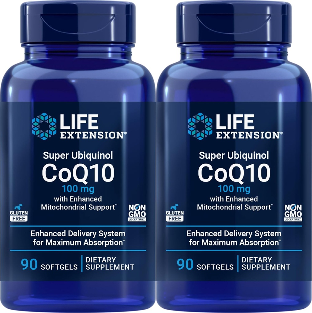 Life Extension COQ10 Super Ubiquinol 100mg 90 Greve (pakke af 2) med forbedret Mitokondriel Support