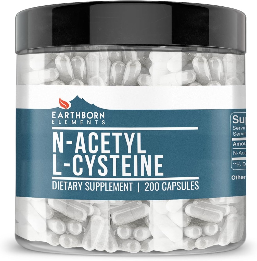 Earthborn Elements NAC N- Acetyl L- Cysteine 200 Kapsler, Pure & Ufortyndet, Ingen tilsætningsstoffer