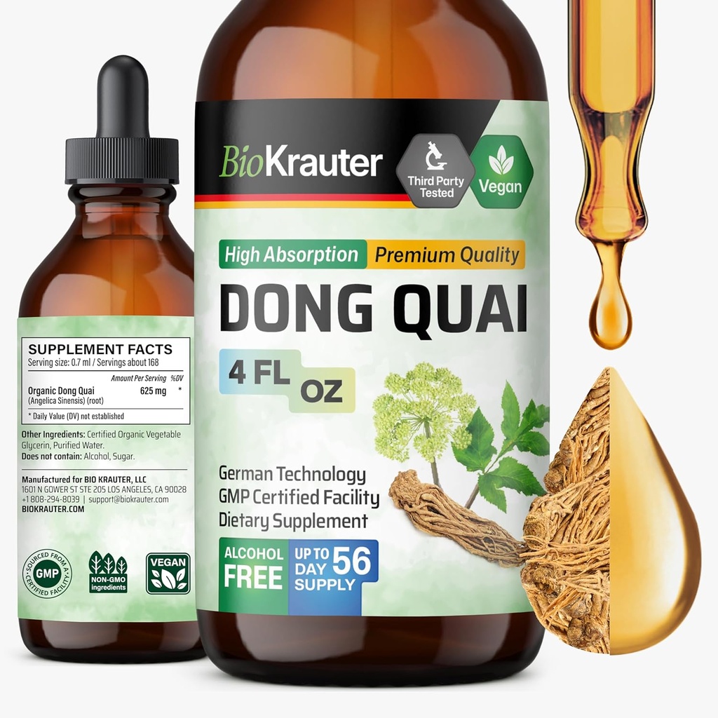BIO KRAUTER ® Menopause Kosttilskud til kvinder * - Dong Quai Drops 4 Fl.Oz 56 Forsyningsdage - Vegan Angelica Root tinktur til menopause support - Alkohol & sukker fri - Afslapning & kvinders Wellness