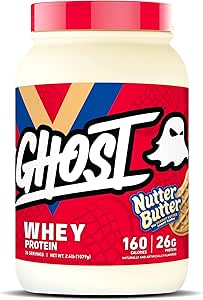 GHOST Whey Protein Powder, Nutter Butter - 2LB, 26G af Protein - Whey Protein Blend - The Post Workout Fitness & Nutrition Shakes, Smoothies, Bagning & Madlavning - Cookie stykker indeni