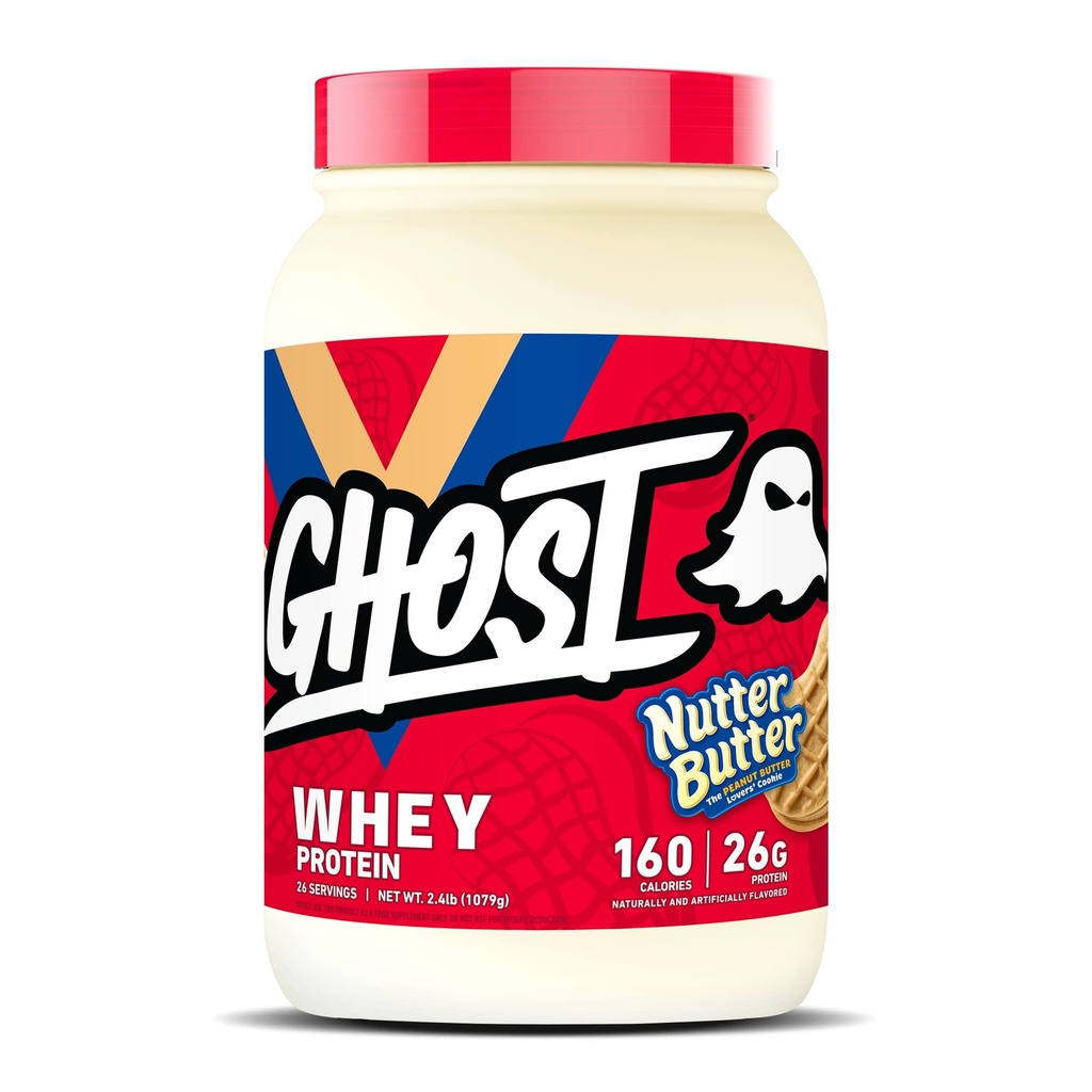 GHOST Whey Protein Powder, Nutter Butter - 2LB, 26G af Protein - Whey Protein Blend - The Post Workout Fitness & Nutrition Shakes, Smoothies, Bagning & Madlavning - Cookie stykker indeni