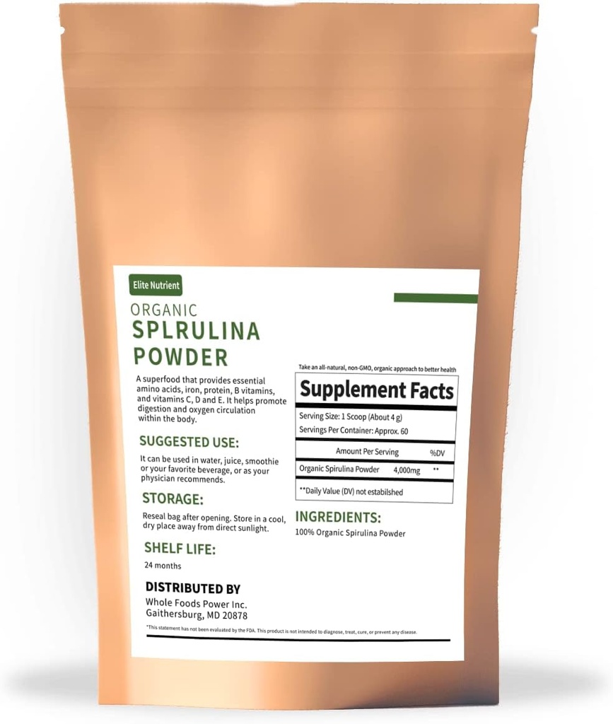Organic Spirulina Powder, Non- GMO, USDA Certified, A Superfood med højt protein, Boost Energy, Enhance Immunity, Individuel pakke