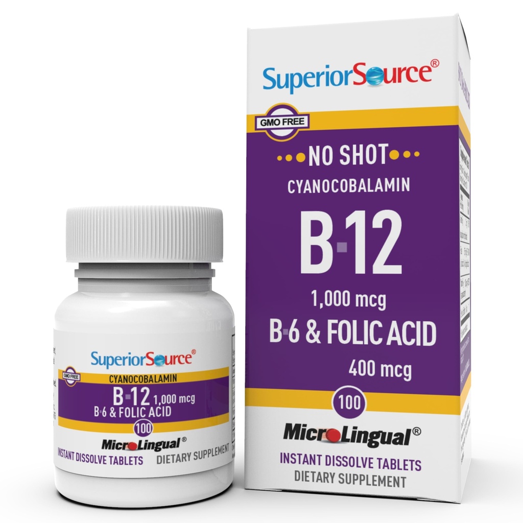 Superior Source No Shot Vitamin B-12 Cyanocobalamin 1000 mcg, B-6, Folsyre 400 mcg - Support Brain & Heart Health - Aids Natural Energy Nivels - 100 Sublingual Disopting Tablets