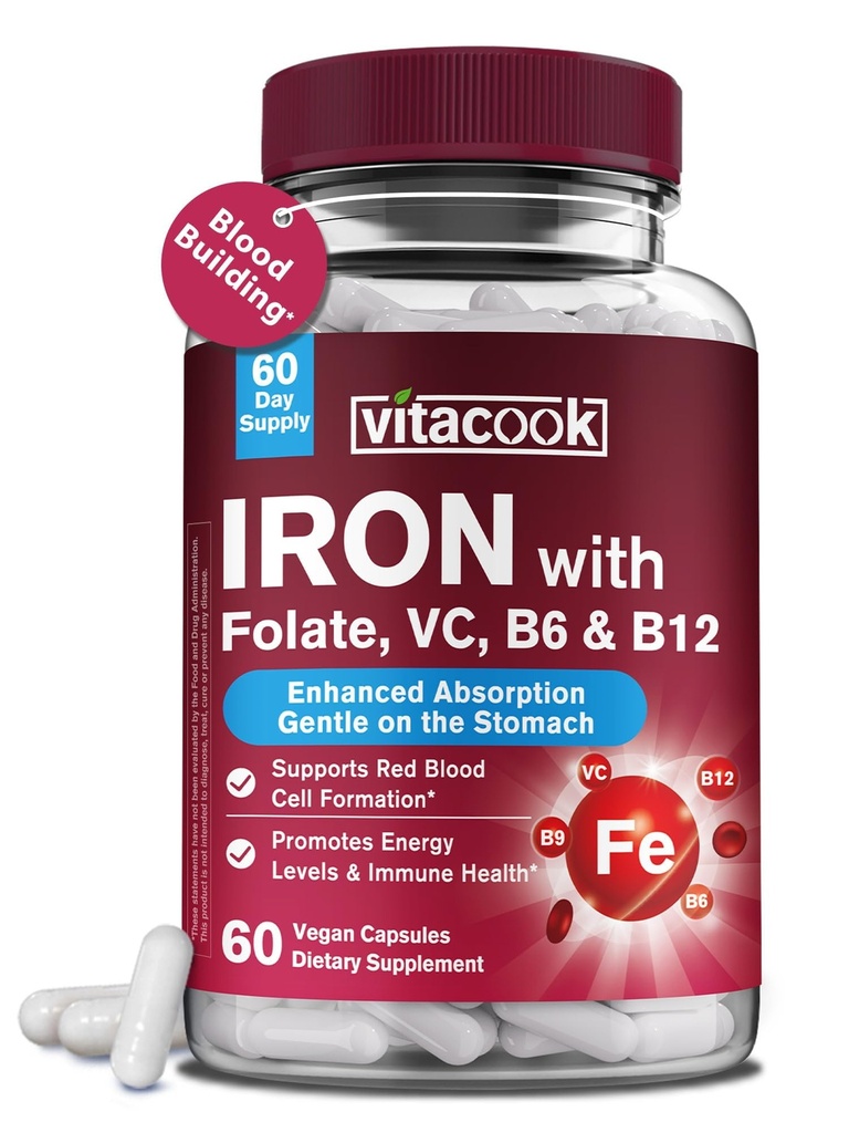 Iron Supplement for kvinder & mænd, Iron Bisglycinate med C-vitamin, B6, B12, Folate, Mave Friendly, non-Constipating, Blood Health & Energy Boost, 60 Vegan Caps