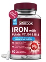 Iron Supplement for kvinder & mænd, Iron Bisglycinate med C-vitamin, B6, B12, Folate, Mave Friendly, non-Constipating, Blood Health & Energy Boost, 60 Vegan Caps