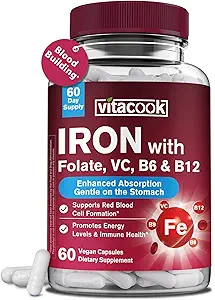Iron Supplement for kvinder & mænd, Iron Bisglycinate med C-vitamin, B6, B12, Folate, Mave Friendly, non-Constipating, Blood Health & Energy Boost, 60 Vegan Caps