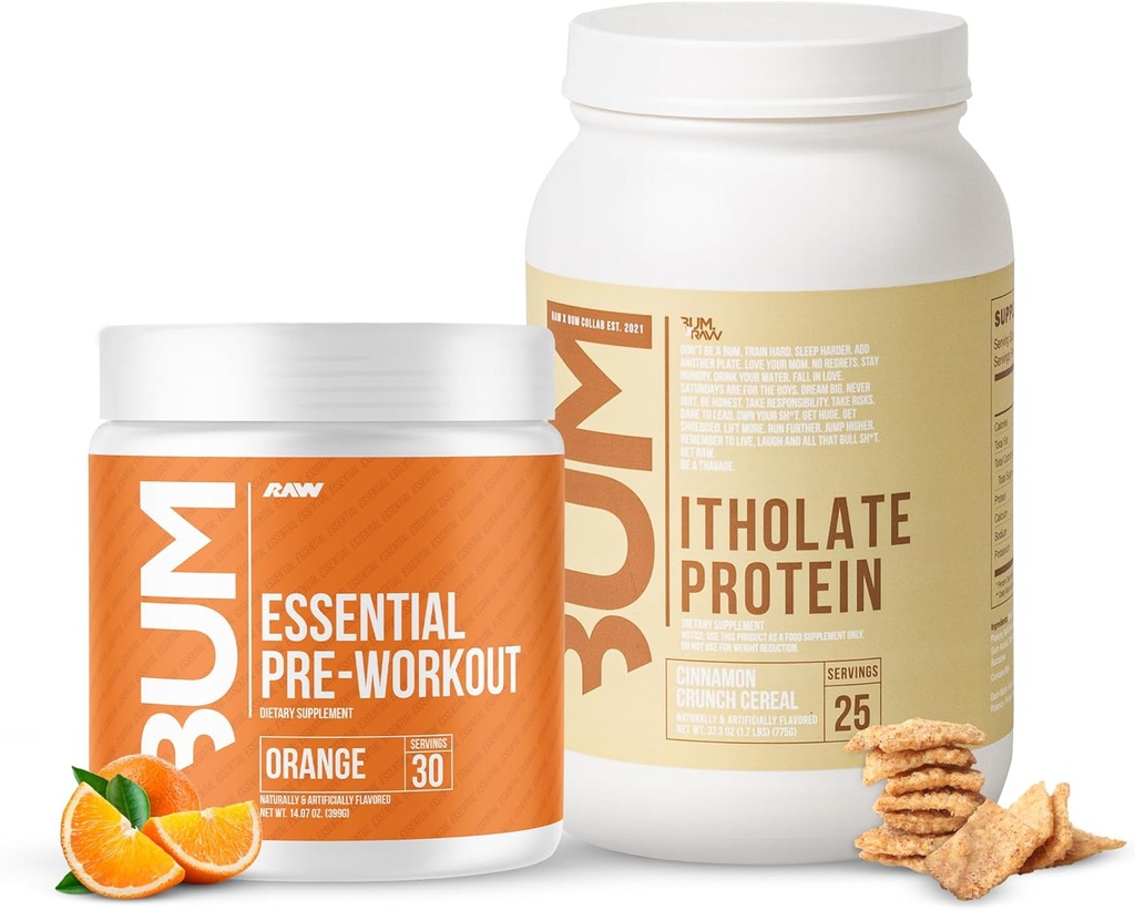RAW Whey Isolate Protein Powder & Essential Pre- Workout Powder Bundle (kanel Crunch & Orange) - Chris Bumstead Sport Nutrition Supplement for mænd og kvinder