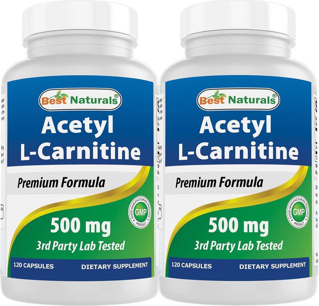 Bedste Naturals Acetyl L- Carnitin (ALICAR) 500mg, 120 Kapsler, 120 Servering - Non-GMO og Gluten Gratis, 1 Kapsel pr Servering (2 Pack)