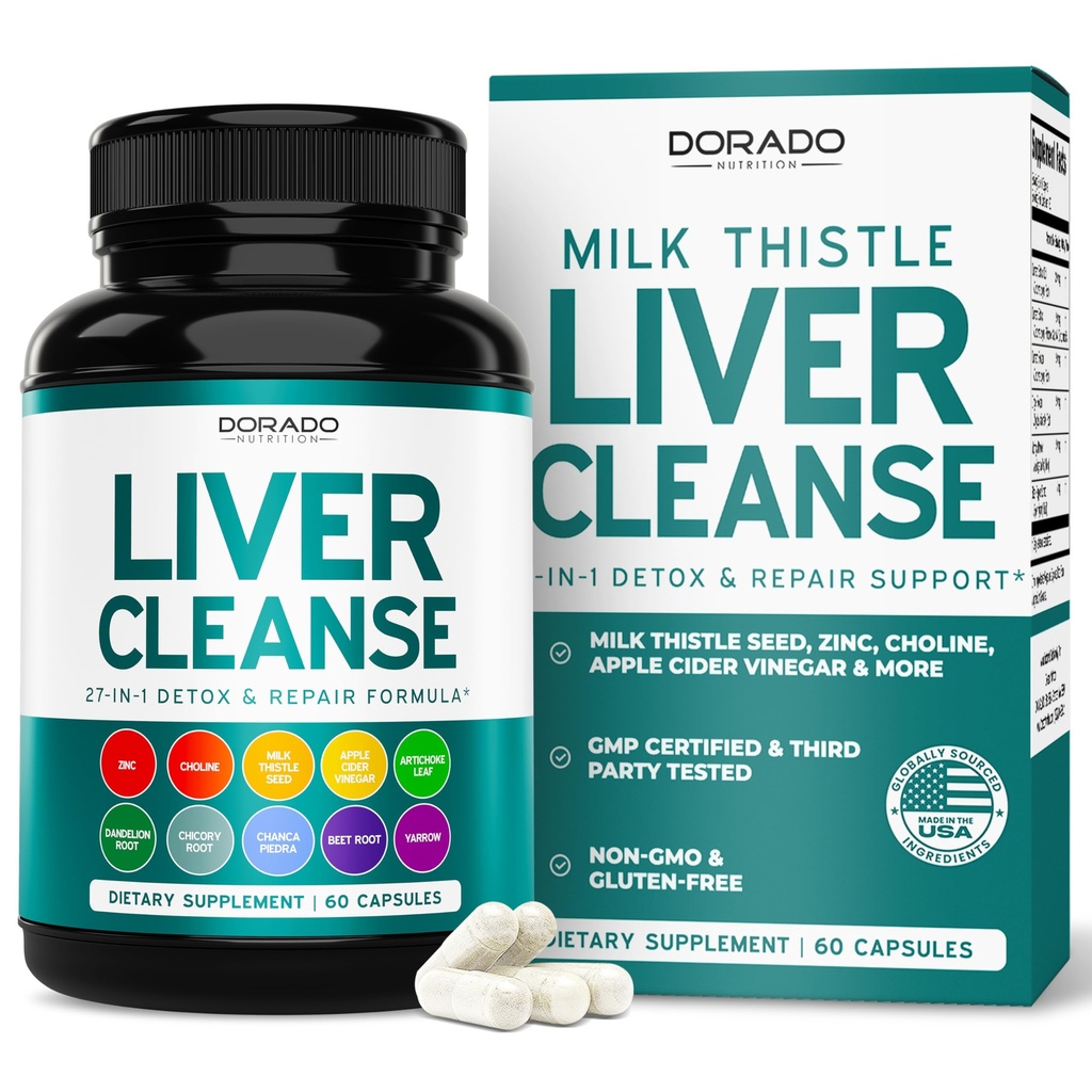 Lever Cleanse Detox & Reparation 27 i 1 Formel - Mælk Thistle, Mælkebøtte Root, Gurkemeje, Artichoke Extract & Mere - Lever Detox Support - 3. part testet, Vegan Safe & USA Made (60 Count)