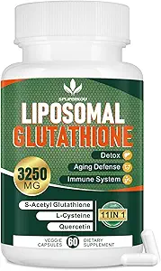3250 MG Liposomal Glutathion Supplement, Reduceret L- Glutathion med Resveratrol, Quercetin, Antioxidant Supplement for immunsystem, Gluten Free & Non- GMO, 60 Kapsler