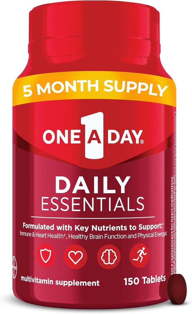 One A Day Daily Essentials, Multivitamin for kvinder & mænd, støtter sund hjerne og muskelfunktion og immunforsvar, Voksen Multivitamin med D-vitamin, E-vitamin og B12-vitamin, 150 Greve