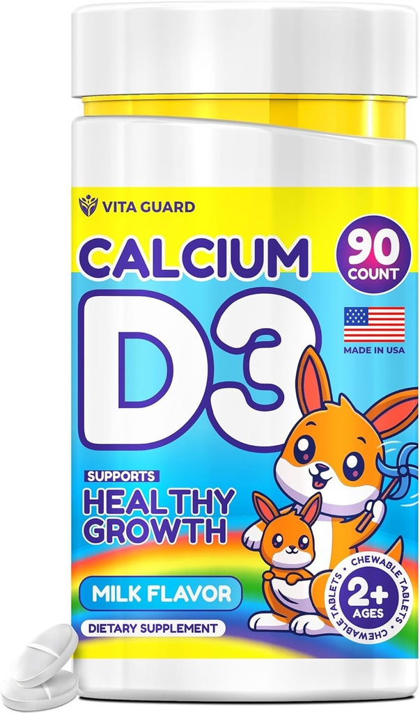 Calcium D3 tyggetabletter til børn - 640 mg Calcium & 320 IE D3- vitamin - ikke-GMO, Milk Flavor - Knogle- og tandstøttetilskud - 90 tabletter til alder 2 +
