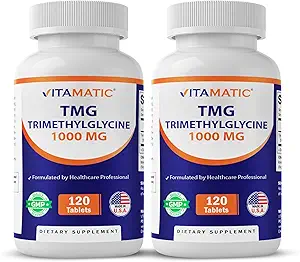 Vitamatisk TMG Kosttilskud 1000mg - Trimethylglycin - betain Vandfri - 120 tabletter - 120 Servere - Ikke-GMO & Gluten Free (2 flasker)