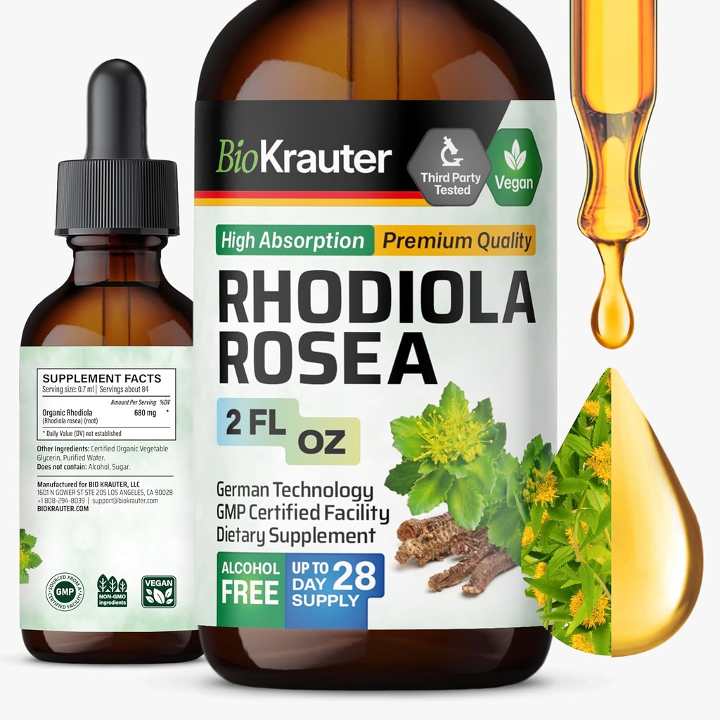 BIO KRAUTER Rhodiola Rosea Supplement Flydende - Pure Rhodiola Rosea Tinktur - Vegansk Calmness Support - Alkohol & Sukker Free Extract 2 Fl.Oz.