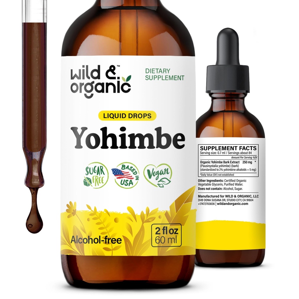 Wild & Organic Yohimbe Kosttilskud til mænd og kvinder - 5 mg Yohimbine Liquid Extract Drops - Pausinystalia Yohimbe Bark Tincture - Vegan, Alkohol- Free - 2 fl oz