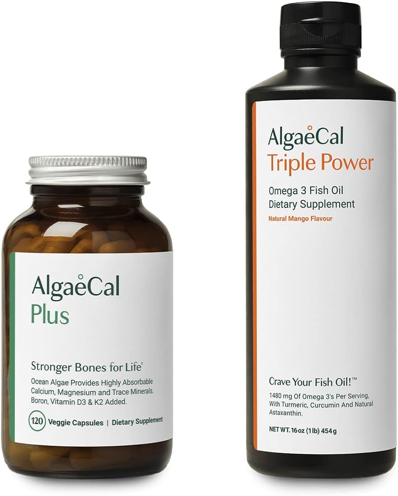 AlgaeCal Bundle - Alt naturligt calciumtilskud VIT D3 & K2, Magnesium, Bor og Trace Mineraler & Triple Power Omega-3 Fish Oil Natural Liquid Emulsion med EPA DHA Curcumin, Astaxanthin