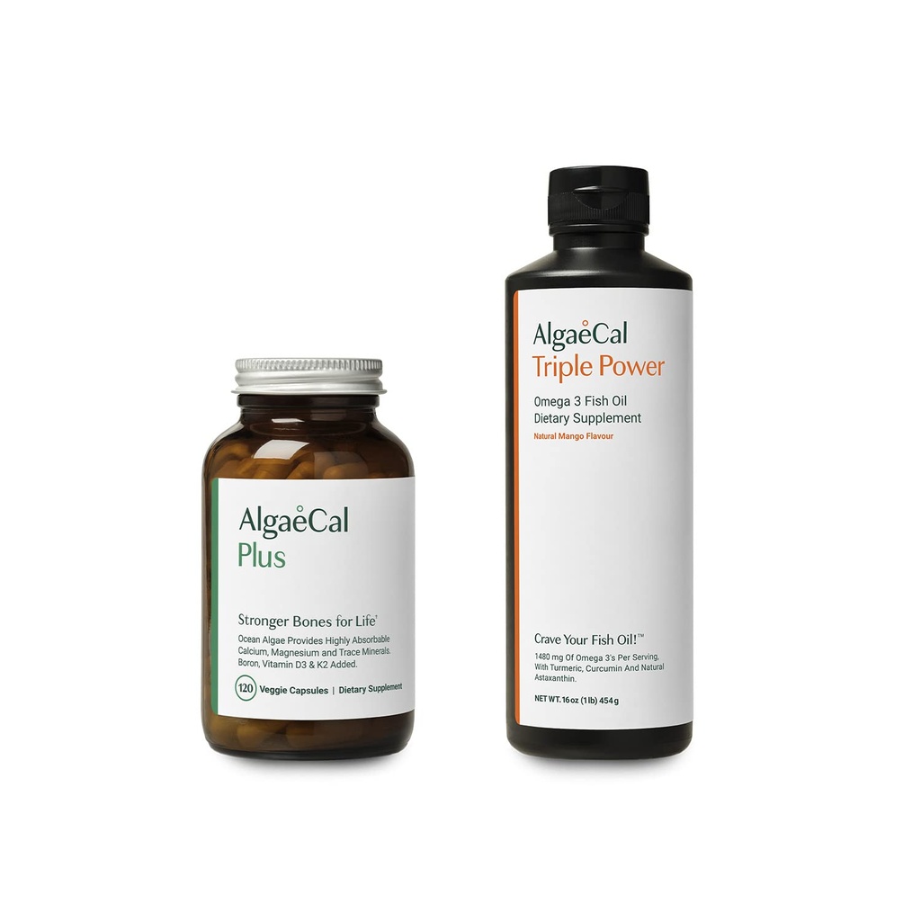 AlgaeCal Bundle - Alt naturligt calciumtilskud VIT D3 & K2, Magnesium, Bor og Trace Mineraler & Triple Power Omega-3 Fish Oil Natural Liquid Emulsion med EPA DHA Curcumin, Astaxanthin