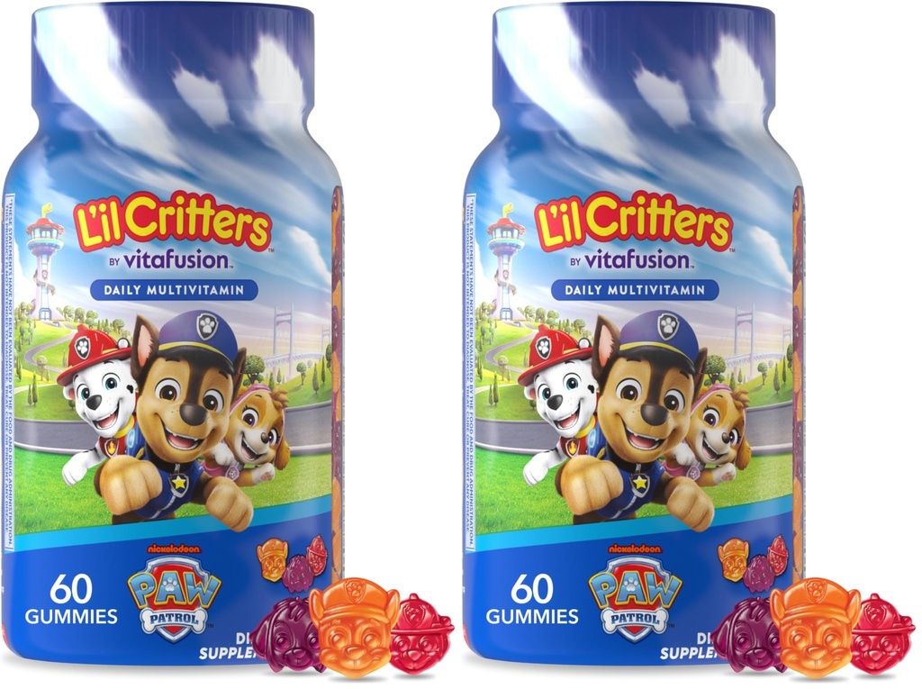 L 'il Critters Paw Patrol Gummy Vites Daily Gummy Multivitamin for Kids, C-vitamin, D3 for immunforsvar Cherry, Orange og blåbær flavors, 60 gummies (pakke med 2)