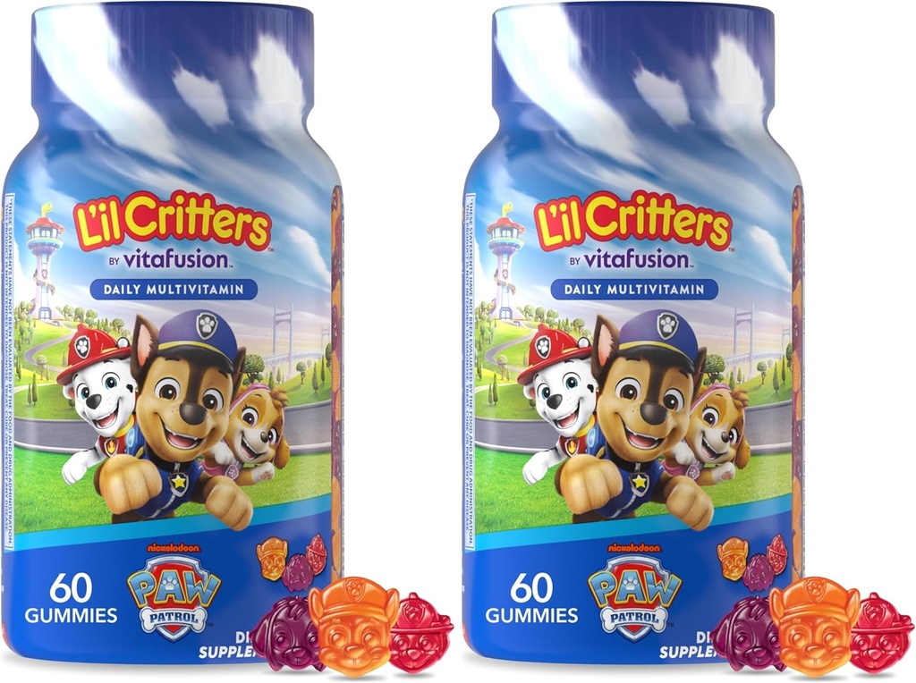 L 'il Critters Paw Patrol Gummy Vites Daily Gummy Multivitamin for Kids, C-vitamin, D3 for immunforsvar Cherry, Orange og blåbær flavors, 60 gummies (pakke med 2)