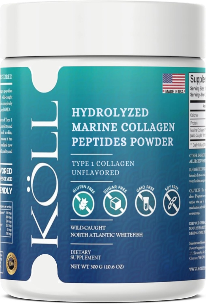 KÖLL Marine Collagen Peptider Powder (300g) Unflavored Sugar- Free Collagen for Women & Men, 10,000mg Hydrolyzed Supplement, Wild- Caught Sourced, Non- GMO, 0% Konserveringsmidler Type 1 for ben & hud sundhed