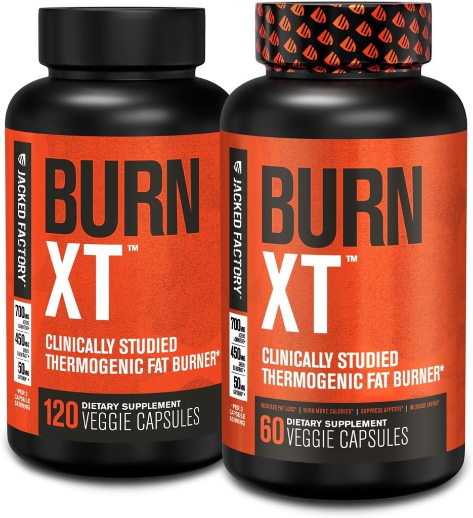 Jacked Factory Burn- XT Klinisk Studerede Fat Burner & Vægttab supplement - Appetite Suppressant & Energy Booster - med Acetyl L- Carnitin, Green Tea Extract og mere - 180 naturlige kost piller