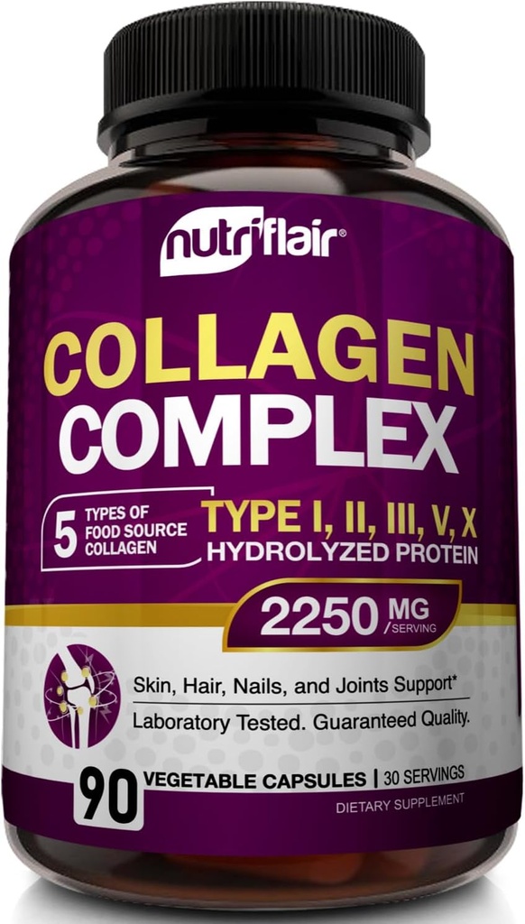 NutriFlair Multi Collagen Peptider 2250mg, 90 kapsler - Type I, II, III, V, X - Collagen Kosttilskud Complex pulver piller til kvinder og mænd - Hydrolyseret protein, sundt hår, hud, negle - ikke-GMO