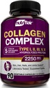 NutriFlair Multi Collagen Peptider 2250mg, 90 kapsler - Type I, II, III, V, X - Collagen Kosttilskud Complex pulver piller til kvinder og mænd - Hydrolyseret protein, sundt hår, hud, negle - ikke-GMO