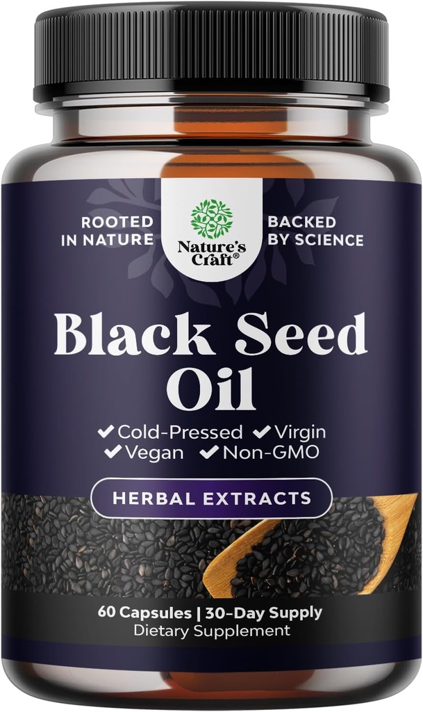 Vegan Black Seed Oil Capsules - Cold Pressed Nigella Sativa Black Cumin Seed Oil Capsules med Omega 3 6 9 Antioxidanter og Thymoquinon til hårvækst immunforsvar fælles sundhed og fordøjelse