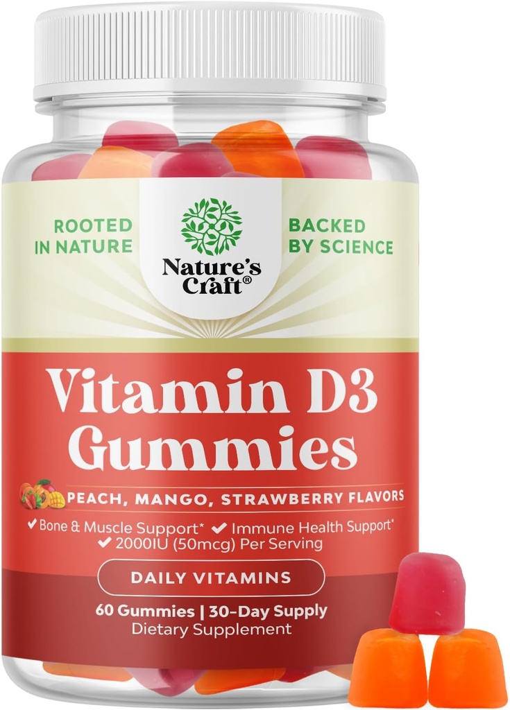 Natures Craft Vitamin D3 Gummies for Daily Wellness - Lækre D voksne med 2000IE per servering Knoglemuskel & immunstøtte Non- GMO Gelatine Gluten Free (30 dages forsyning)