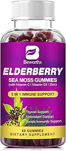 Elderberry Gummies & Irish Sea Moss, Organic Sambucus Elderberry Gummy med Seamoss, Zink, C-vitamin, D3, Multivitamin Elderberry Vitamin & Energy Support Kosttilskud - Sukkerfri