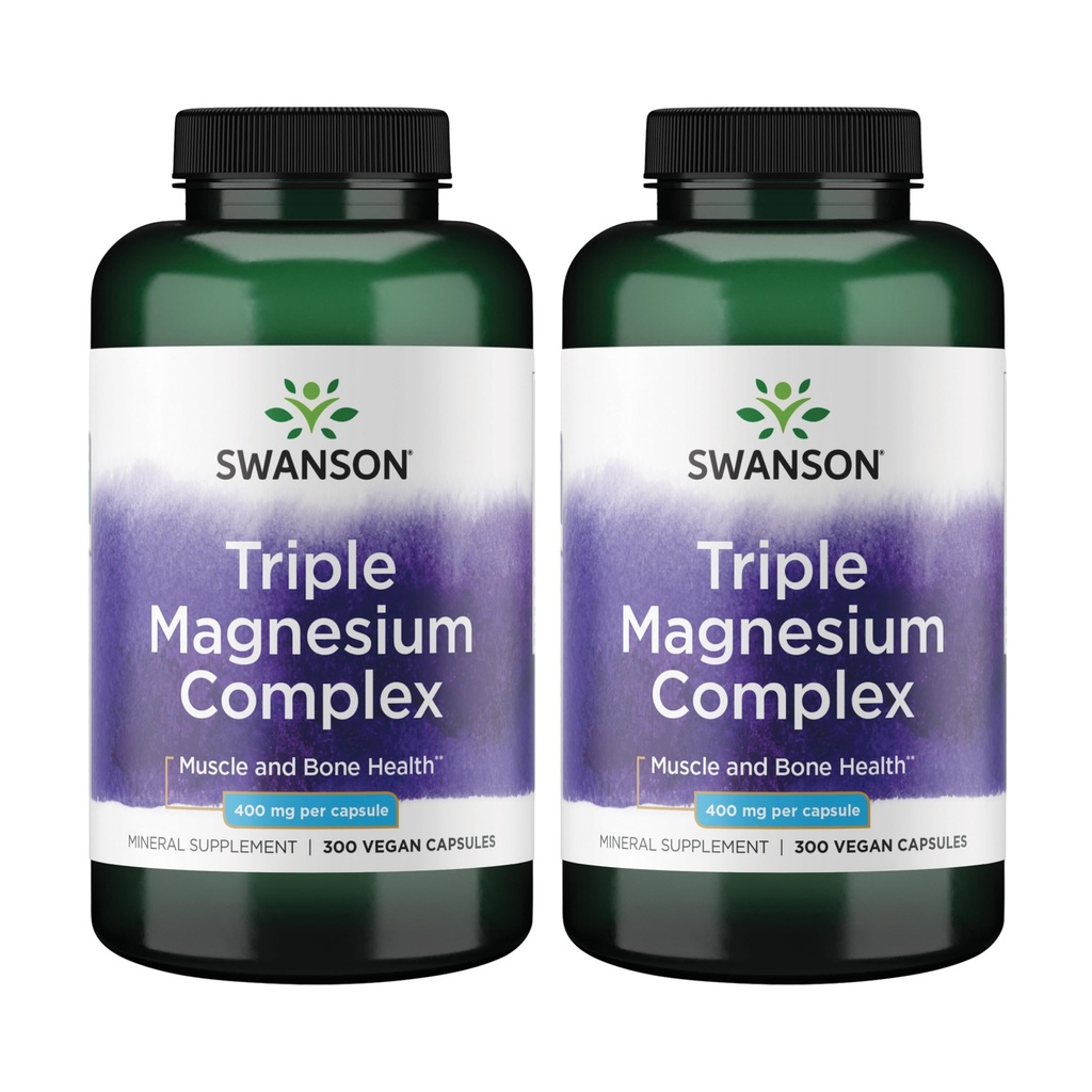 Swanson Triple Magnesium Complex - Mineral Supplement - Natural Support - Med Citrate, Oxide & Aspartat - (300 kapsler, 400mg hver, 2 pakke)