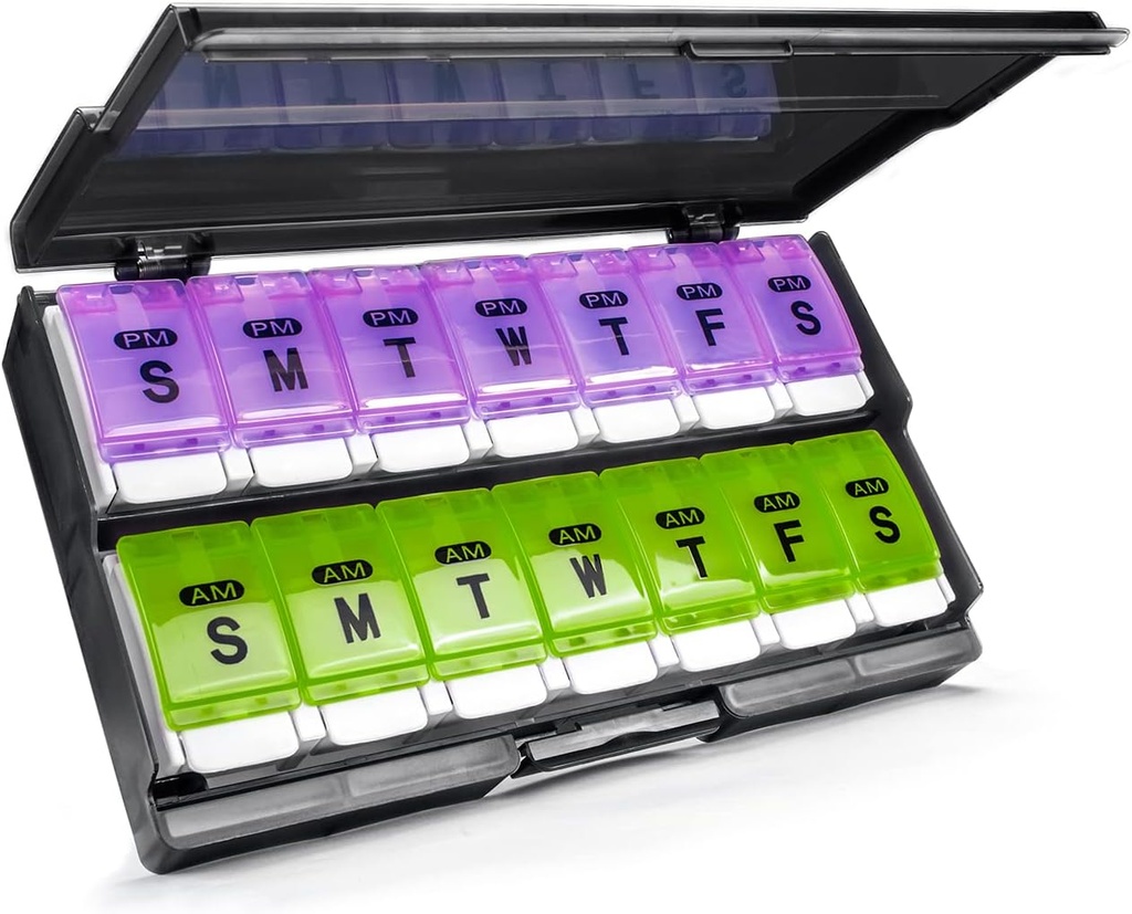 Ekstra store ugentlige pills Organizer 2 gange om dagen - Restrict Am / Pm Daily Pill Case Medicine Organizer, Trykknap 7 dag pill Box for piller / Vitamin / Cod leverolie / Kosttilskud (lilla og grøn)