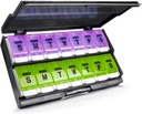 Ekstra store ugentlige pills Organizer 2 gange om dagen - Restrict Am / Pm Daily Pill Case Medicine Organizer, Trykknap 7 dag pill Box for piller / Vitamin / Cod leverolie / Kosttilskud (lilla og grøn)