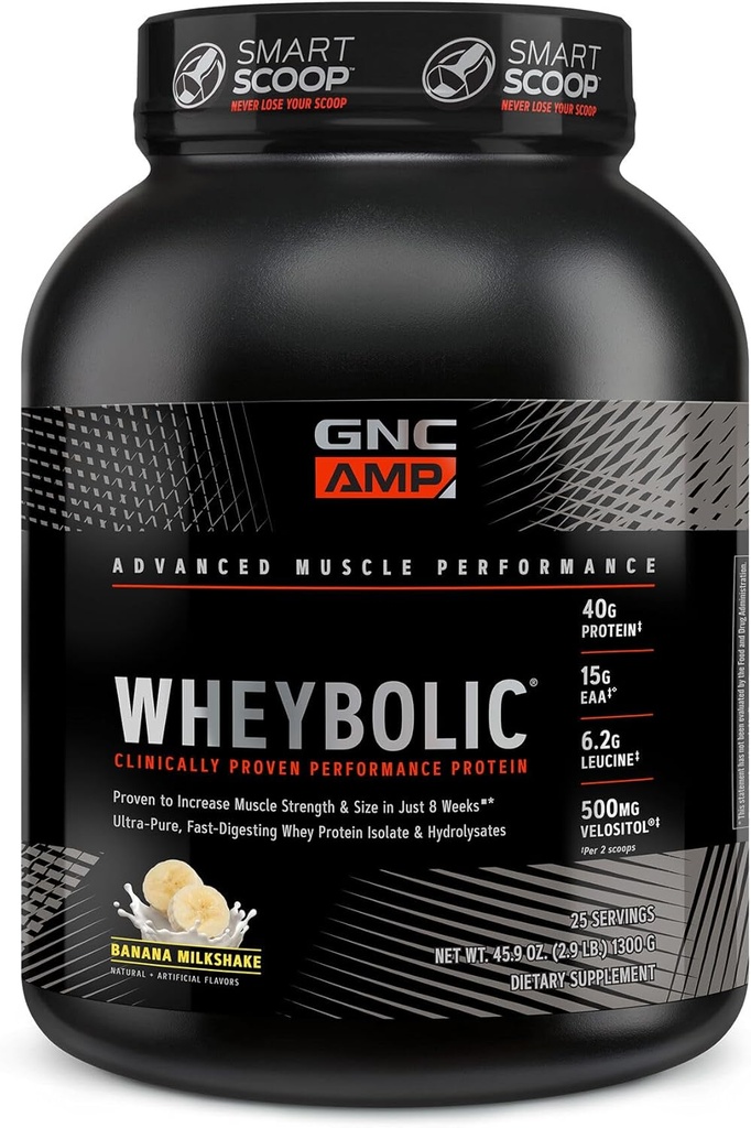 GNC AMP Wheybolsk Klinisk Proven Protein Powder, 40g Whey Protein, BCAA, Leucin, Øger muskelstyrke, Muscle Building, 3. part testet, Gluten Free, Banana Milkshake, 25 Servere
