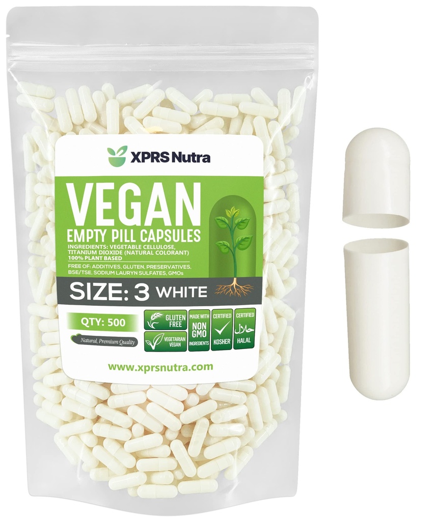 XPRS Nutra Størrelse 3 Tomme kapsler - 500 Grev Tomme Vegansk - Vegetariske piller - selv vegetabilsk Capsule Fyldning - Veggie Pill Caps (hvid)