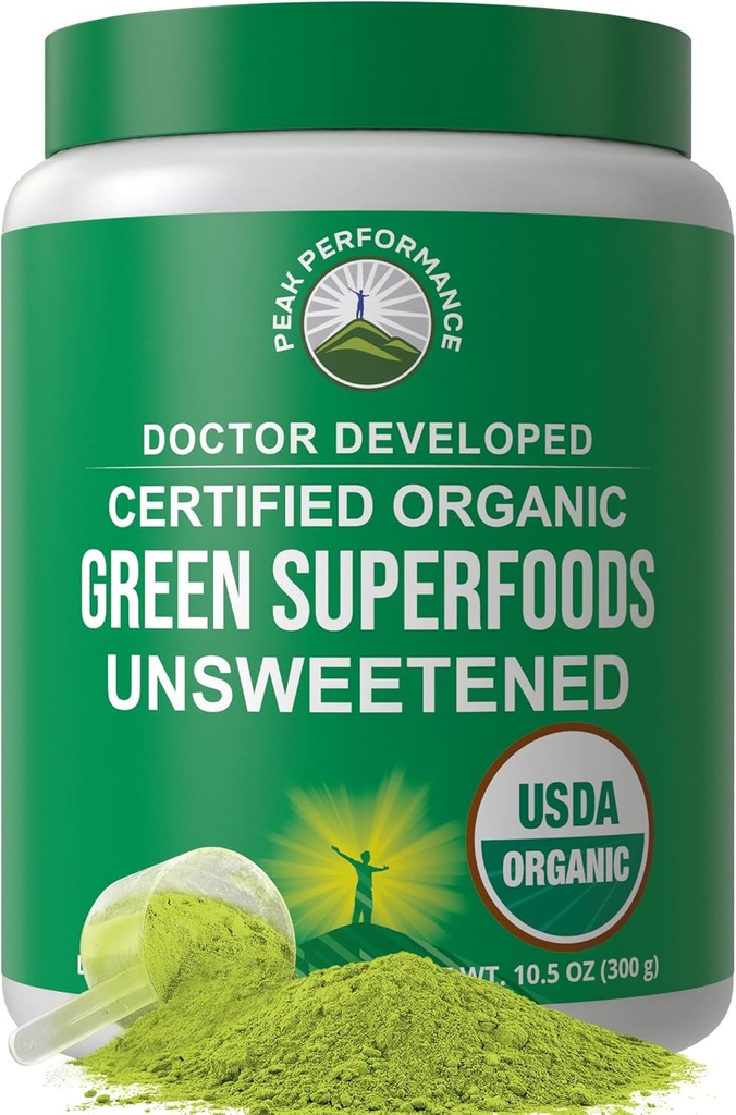 Peak Performance Usødet Organic Green Superfood Powder. Super Green Powder med 25 + Organic Ingredients for Max Energy og Atletisk Performance. Vegansk keto Green Juice Daglig drik