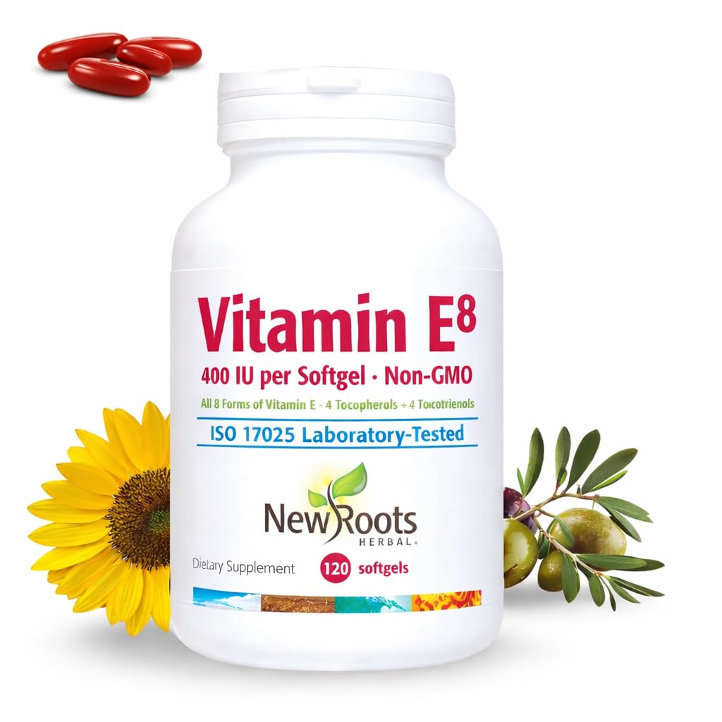 NY ROOTS HERBAL Vitamin E 400 IE Kapsler: 124; Organic Antioxidant Supplement: 124; Alle 8 typer E-vitamin til hjerne & Vision Support: 124; 4 tocopheroler & 4 Tocotrienoler til kvinder & mænd (120 Softgels)