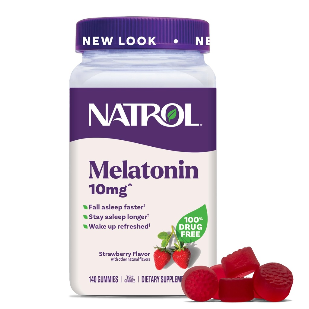 Natrol Melatonin Gummies, Sovestøtte til voksne, Melatonin 10 mg, 140 Strawberry- Smagen, Op til 70 dage