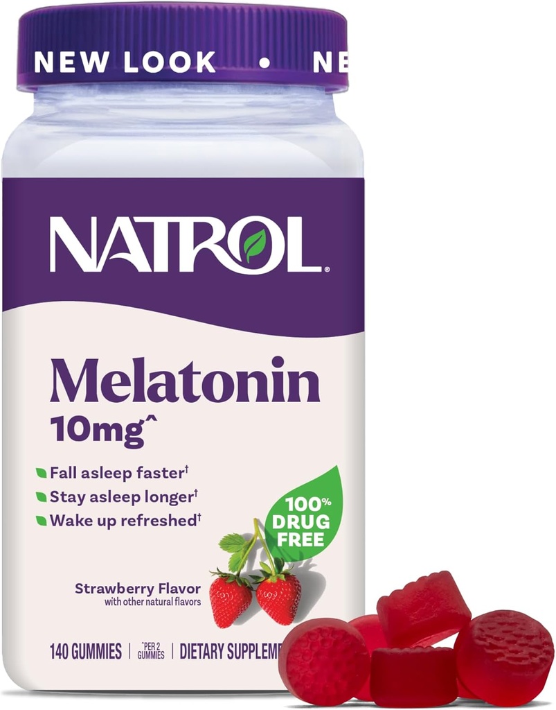 Natrol Melatonin Gummies, Sovestøtte til voksne, Melatonin 10 mg, 140 Strawberry- Smagen, Op til 70 dage