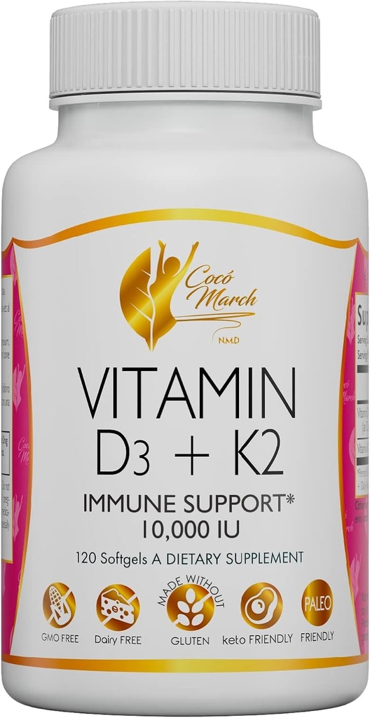 Cocó March N.M.D Vitamin D3 + K2 10.000 IE - Høj potens supplement for kvinder & mænd, immunforsvar, ben & fælles sundhed - Vegan, Gluten- Free, Non- GMO, 4 Måned Supply, 250 mcg D3, 180 mcg vitamin K2