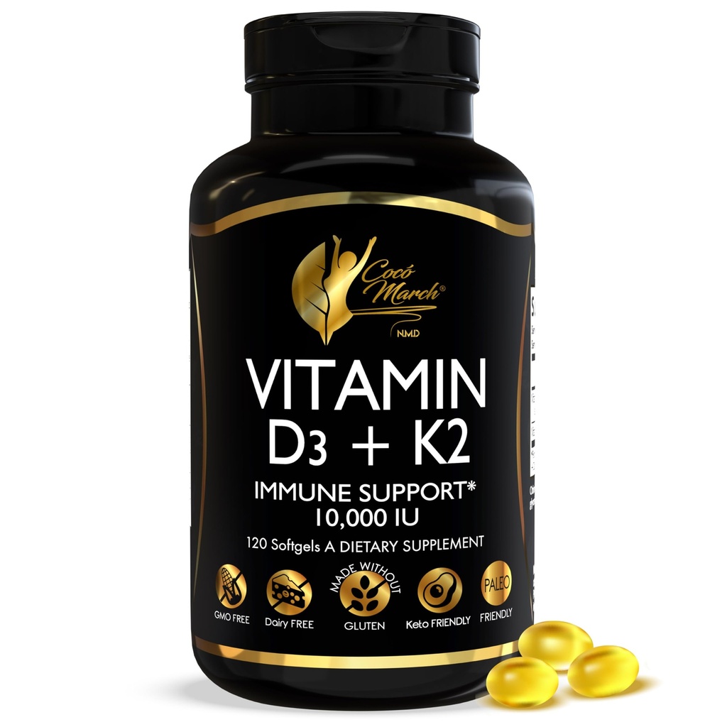 Cocó March N.M.D vitamin D3 + K2 10.000 IE - høj potens supplement for kvinder & mænd, immunforsvar, ben & fælles sundhed - Gluten- fri, non-GMO, 4 måneders forsyning, 250 mcg D3, 180 mcg vitamin K2
