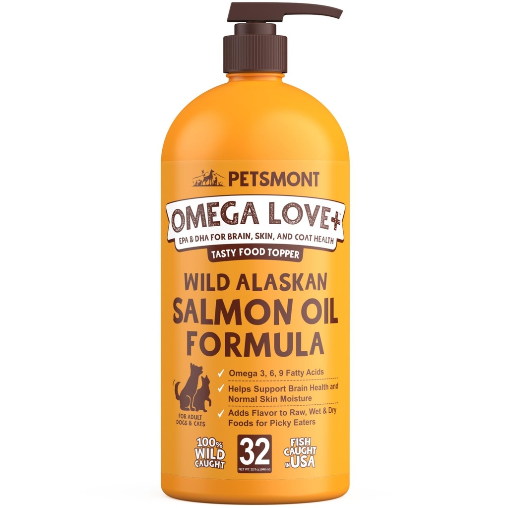 Petsmont Omega Love + Wild Alaskan Salmon Oil for Dogs Formel 32 oz - Fish Omega flydende pumpe Cats Understøtter fælles funktion Immunitet hjerte sundhed kosttilskud kæledyr naturlige EPA DHA fedtsyrer